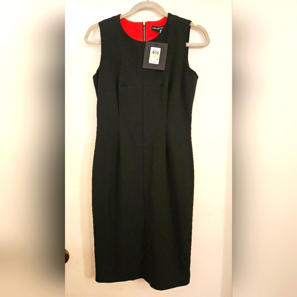 Halston Black Sleeveless Dress with Red Accent